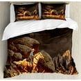 thumbnail image 1 of Western Duvet Cover Set, Rock Mountain Landscape Cowboy Riding Horse NorthmericStyle, Decorative 3 Piece Bedding Set with 2 Pillow Shams, King Size, Earth Yellow Grey, by Ambesonne, 1 of 3