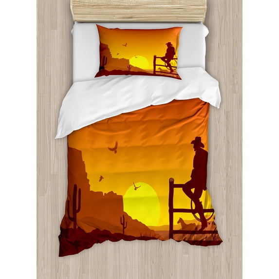 Western Duvet Cover Set, Silhouette of Cowboy in Wild West Sunset Scene American Culture Image Print, Decorative 2 Piece Bedding Set with 1 Pillow Shams, Twin Size, Burnt Orange, by Ambesonne