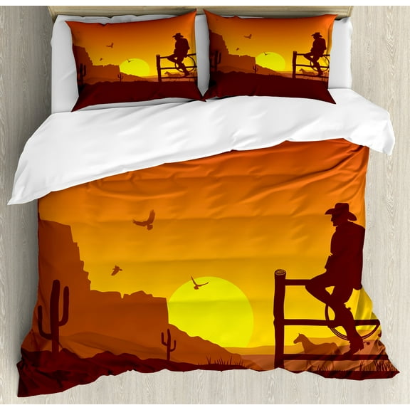 Western Duvet Cover Set, Silhouette of Cowboy in Wild West Sunset Scene American Culture Image Print, Decorative 3 Piece Bedding Set with 2 Pillow Shams, Calking Size, Burnt Orange, by Ambesonne