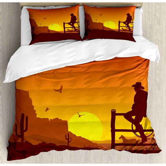 Western Duvet Cover Set, Silhouette of Cowboy in Wild West Sunset Scene American Culture Image Print, Decorative 3 Piece Bedding Set with 2 Pillow Shams, Queen Size, Burnt Orange, by Ambesonne
