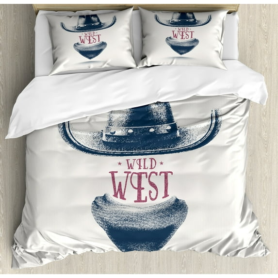 Western Duvet Cover Set, Wild West Cowboy Hat and Scarf Vintage Colors American, Decorative 3 Piece Bedding Set with 2 Pillow Shams, King Size, Coconut Petrol Blue, by Ambesonne