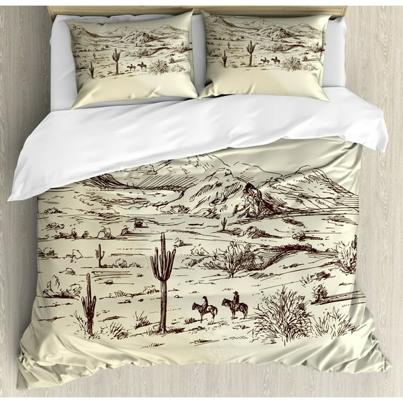 Western Duvet Cover Set, Wild West Landscape Illustration Mountains Desert Plants Cowboys on Horses, Decorative 3 Piece Bedding Set with 2 Pillow Shams, Calking Size, Beige Black, by Ambesonne