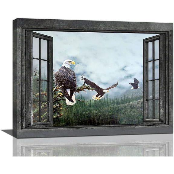 Western Eagle Wall Decor Rustic Bald Eagles Pictures Wall Art Canvas Print American Eagle Painting Framed Home Artwork For Living Room Bathroom Bedroom Kitchen Office 16"x12"