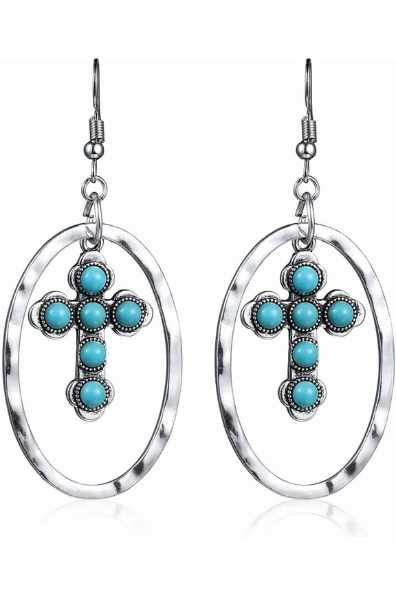 Western Earrings Boho Turquoise Oval Drop Dangle Earrings For Women Beaded Western Flower Teardrop Earrings Vintage Ethnic Alloy Pendant Jewelry Gift[Z4482]