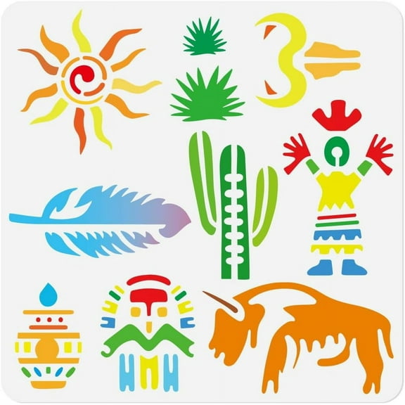 Western Elements Craft Painting Stencil 11.8" x 11.8" Desert Cactus Arrowhead Kokopilli Buffalo Template Plastic Reusable Stencil for Painting on Wood Wall Floor Fabric Canvas Home Decor DIY Stencil