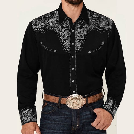 Western Embroidered Cowboy Shirts for Men Button Down Shirts Long Sleeve Tops with Floral L