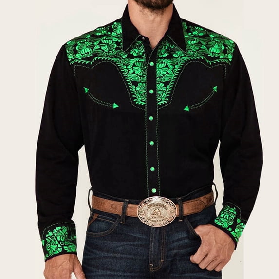 Western Embroidered Cowboy Shirts for Men Button Down Shirts Long Sleeve Tops with Floral XXXL