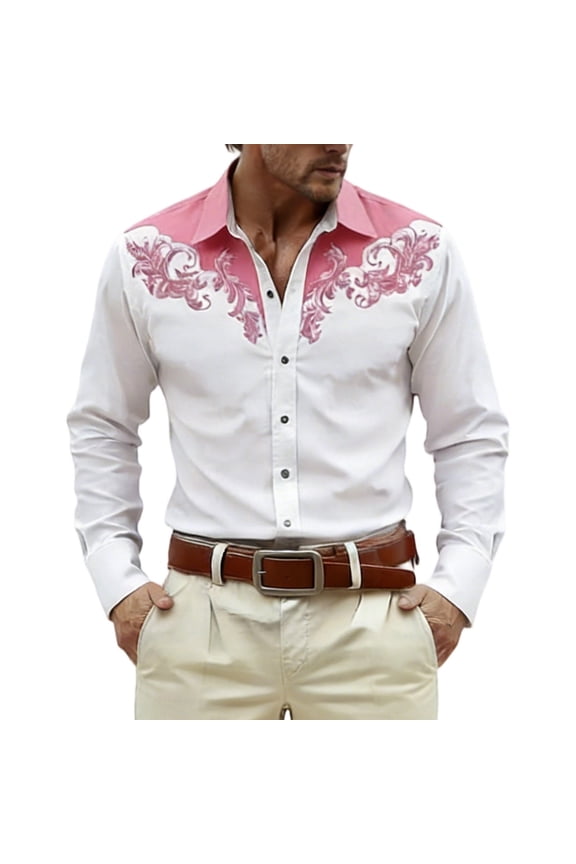 Western Embroidered Cowboy Shirts for Men Button Down Vintage Ethnic Long Sleeve Shirt