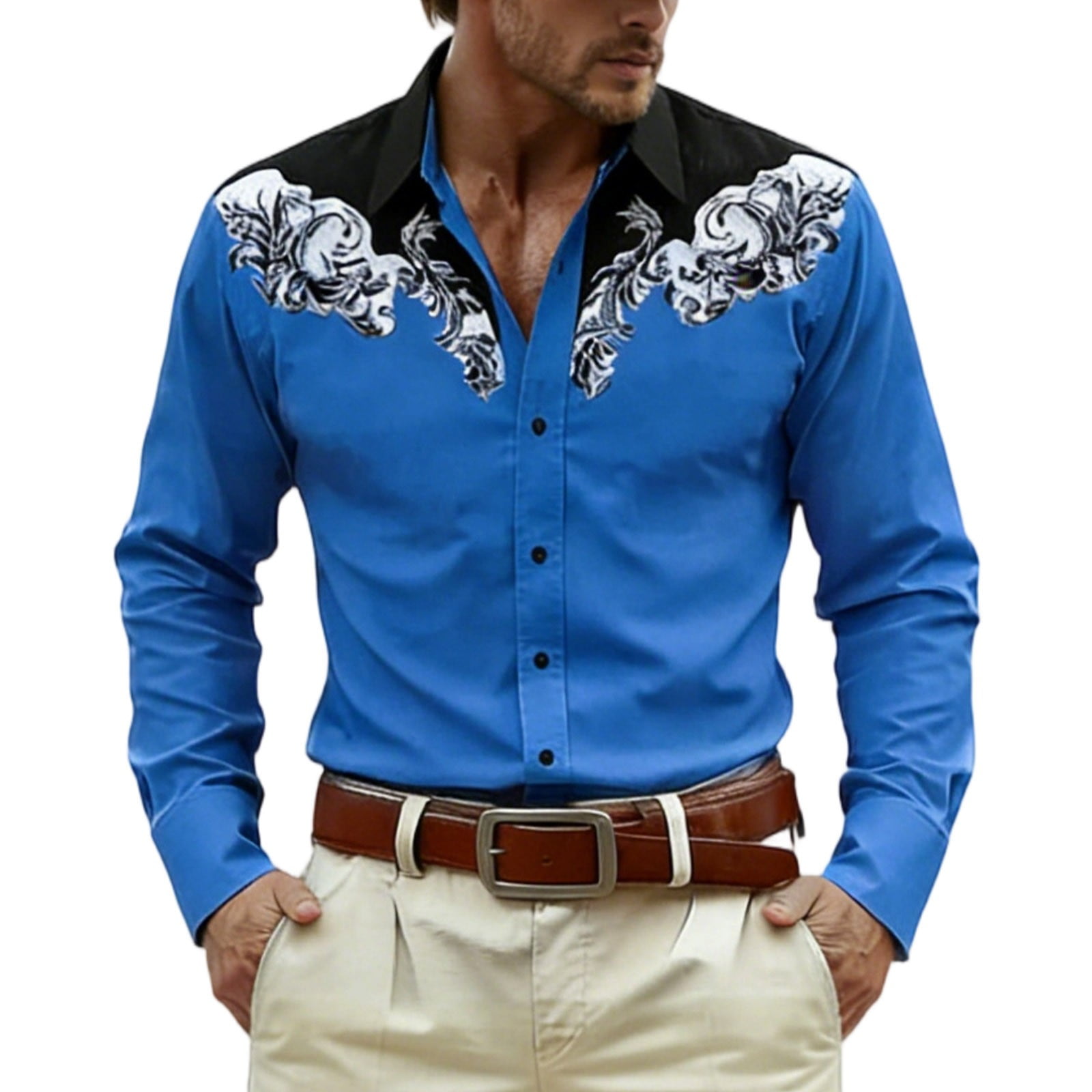 Western Embroidered Cowboy Shirts for Men Button Down Vintage Ethnic ...