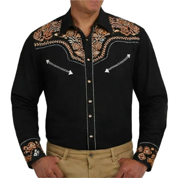 Western Embroidered Cowboy Shirts for Men, Casual Button Down Long Sleeve Shirt Floral Design Retro Shirt