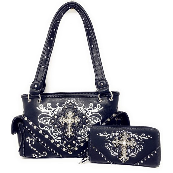 Western Embroidered Cross Women's Adult Purse/Wallet Set w/Rhinestone in 6 Colors