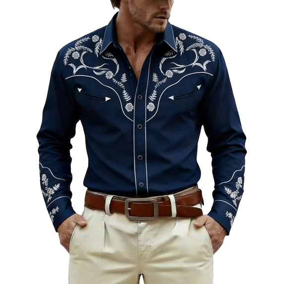 Western Embroidered Long Sleeve Casual Shirts for Men Western Cowboy Print Festival Everyday Button Down Top Navy XXL