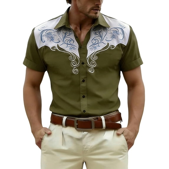 Western Embroidered Print Button Up Shirts for Men Short Sleeve Western Theme Breathable Blend Tee Alternative Army Green L