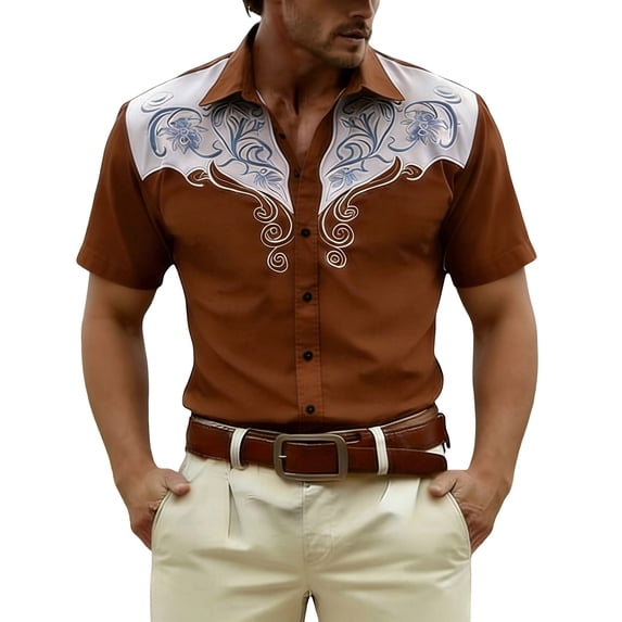 Western Embroidered Print Button Up Shirts for Men Short Sleeve Western Theme Breathable Blend Tee Alternative Brown M