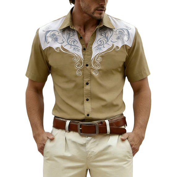 Western Embroidered Print Button Up Shirts for Men Short Sleeve Western Theme Breathable Blend Tee Alternative Khaki XXL
