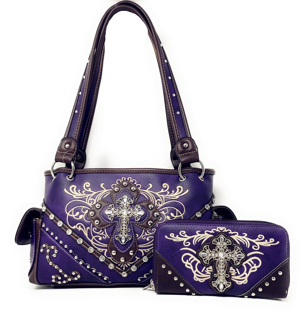 Texas West by Women s Vinyl Leather Look Embroidered Handbag Set Purple 2 Piece Walmart