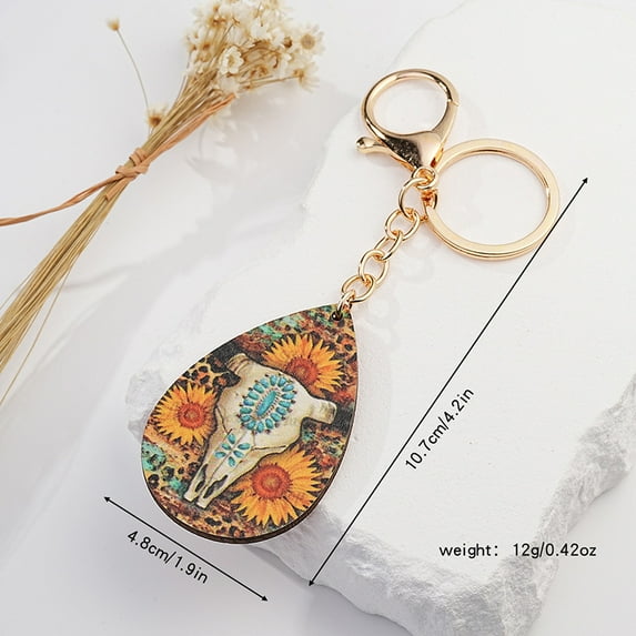Western Exaggerated Bull Skull Keychain Personality Color Print Sunflower Metal Key Ring Pendant