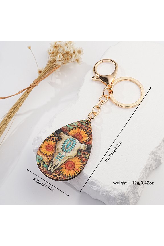 Western Exaggerated Bull Skull Keychain Personality Color Print Sunflower Metal Key Ring Pendant