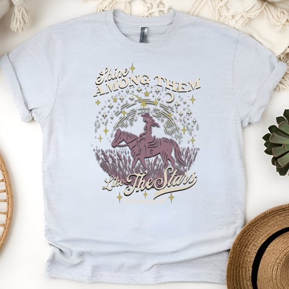 Western Faith Graphic T-Shirt – Shine Among Them Bible Verse Tee, Ash, Size S