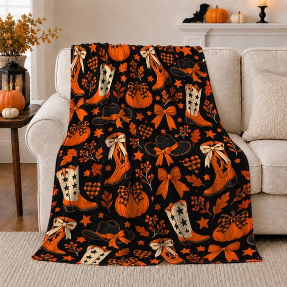 Western Fall autumn celebration Cowgirl Boots Pumpkins Stars Cheerful, Warm Flannel Blanket for Living Room and Reading Nook, Festive autumn celebration Scene, Art Lovers autumn celebration Gift