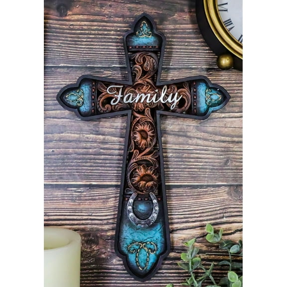 Western Family Tooled Tuscan Fleur De Lis Floral Scrollwork Horseshoe Wall Cross