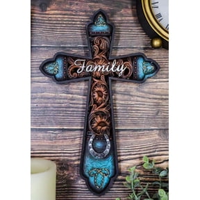 Western Family Tooled Tuscan Fleur De Lis Floral Scrollwork Horseshoe Wall Cross
