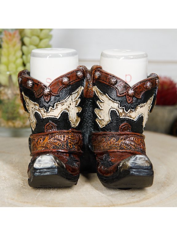 Western Fancy Pair of Cowboy Boots With Spur Salt And Pepper Shakers Holder Set