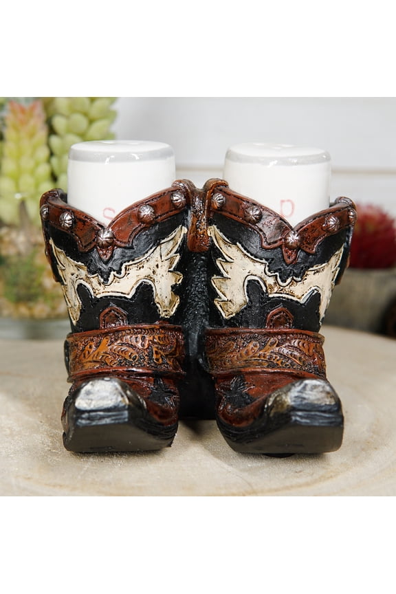 Western Fancy Pair of Cowboy Boots With Spur Salt And Pepper Shakers Holder Set