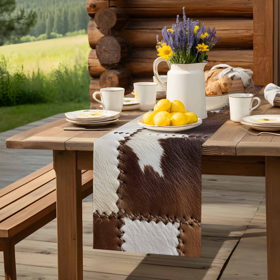 Western Farm Cow Leather Texture Table Runner 60 Inch Long Brown White Animal Print Table Runners Linen Burlap Tablerunner for Kitchen Dining Room Holiday Party