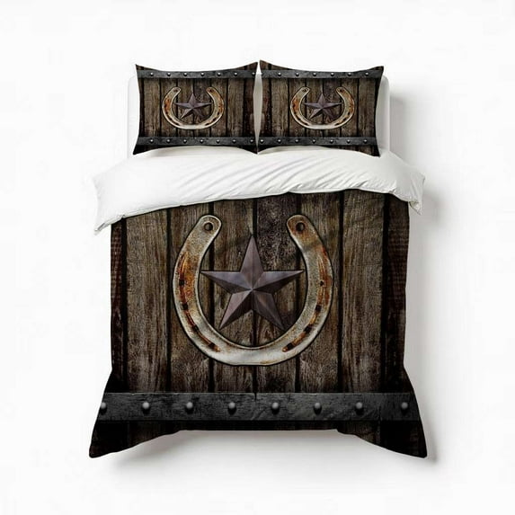 Western Farmhosue Horseshoe Texas Star Bedding Set 3 Pcs Soft Microfiber Quilt Cover For Bedroom Decor, Comforter Cover With 2 Pillowcase