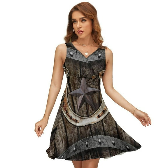Western Farmhosue Horseshoe Texas Star Sleeveless Dress Women Summer Evening Dresses Ladies Sundress