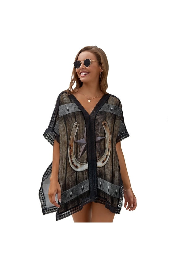 Western Farmhosue Horseshoe Texas Star Women's Swimsuit Coverup Summer Beach Cover Up Bathing Suit Dress