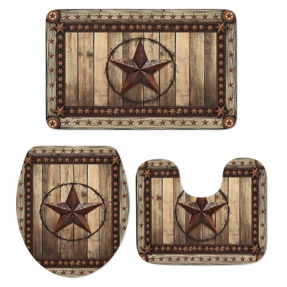 Western Farmhouse Bath Mat 3 Piece Bathroom Rug Set, Primitive Rustic Country Retro Texas Star Non Slip Bath Rug Contour Mat and Toilet Lid Cover, Absorbent Shower Mats Soft Bath Rugs and Mats Sets