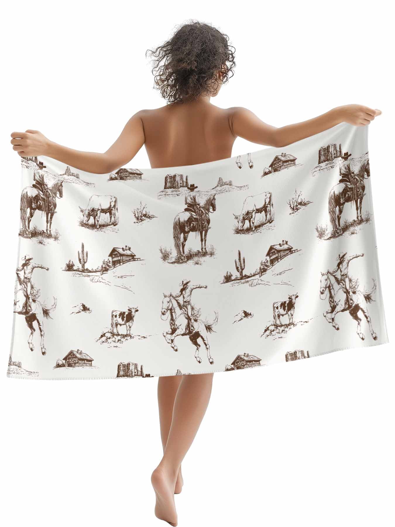 Western Farmhouse Beach Towels Blanket Soft & Absorbent Quick Dry Microfiber Cowboy Horse Desert Pool Towels for Swimming ,Yoga, Sports, Gym, Camping,Large 30X60in, Brown White
