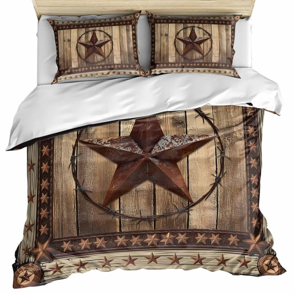 Western Farmhouse Bedding 3 Piece Duvet Cover Set Full Size, Primitive Rustic Country Retro Texas Star Soft Microfiber Comforter Cover with Zipper Closure & Pillowcases, FadeResistant Quilt Cover