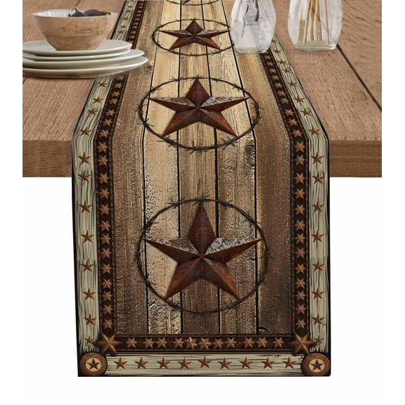 Western Farmhouse Burlap Cotton Table Runner 13x120 Inches Long, Rustic Country Texas Star Retro Farmhouse Table Runners, Outdoor Dining Tablecloths Decor for Baby Shower/Party/Wedding