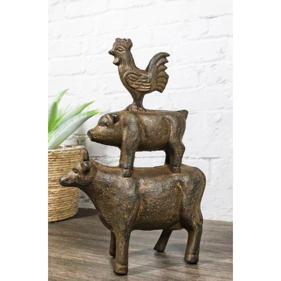 Western Farmhouse Cast Iron Rustic Rooster Pig And Cow Stacked DecorSculpture