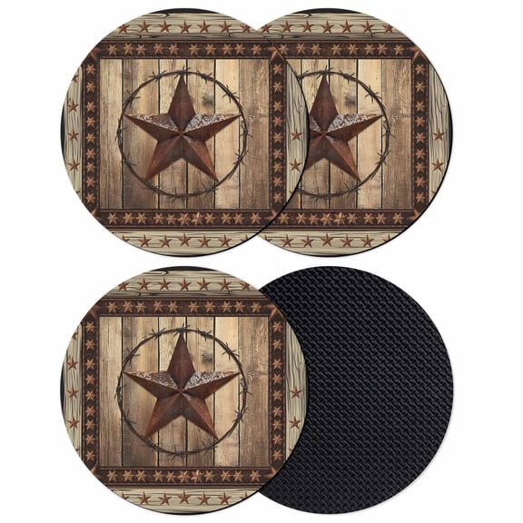 Western Farmhouse Coasters Set of 4, Primitive Rustic Country Retro Texas Star Absorbent Coasters for Drinks, Coaster for Bar Office Dining Coffee Table Accessories Decor, Non Slip Round Desk Coaster