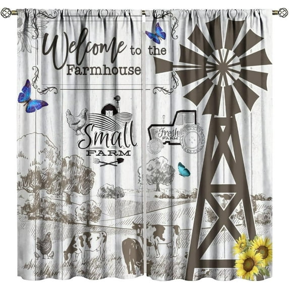 Western Farmhouse Curtains,Retro Woodgrain Rustic Cottage Farm Animal Barn Windmill Print Blackout Rod Pocket Window Treatments Drapes for Bedroom Living Room 84" W X 84" L