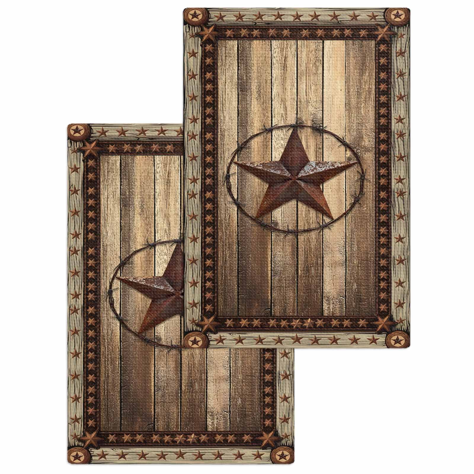 Western Farmhouse Hand Towels Set,Waffle Weave Kitchen Towels 2Pcs,Primitive Rustic Country Retro Texas Star Microfiber Hair Face Bath Tea Towel Absorbent Cleaning Dish Cloths 15.7"x23.6"