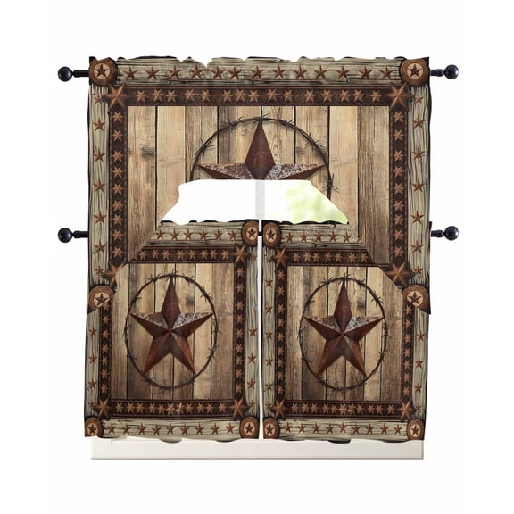 Western Farmhouse Kitchen Curtain and Valance Set 3 Pieces,Rod Pocket Short Tier Curtains 36 Inch Length,Primitive Rustic Country Retro Texas Star Swag Topper Small Window Treatment for Cafe Bedroom