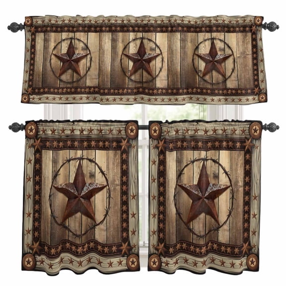 Western Farmhouse Kitchen Curtains Sets for Windows 24 Inch Length, Primitive Rustic Country Retro Texas Star Rod Pocket Window Treatments Tier Curtains and Valances Set for Bedroom/Bathroom