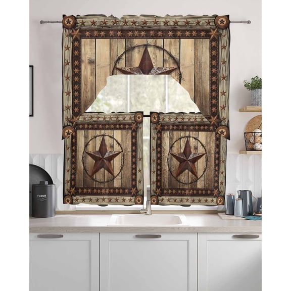 Western Farmhouse Kitchen Curtains and Valance Set,Primitive Rustic Country Retro Texas Star Short Swag Tier Curtain 24 Inch Length for Cafe Living Room Bedroom Drapes 3 Piece Window Treatment