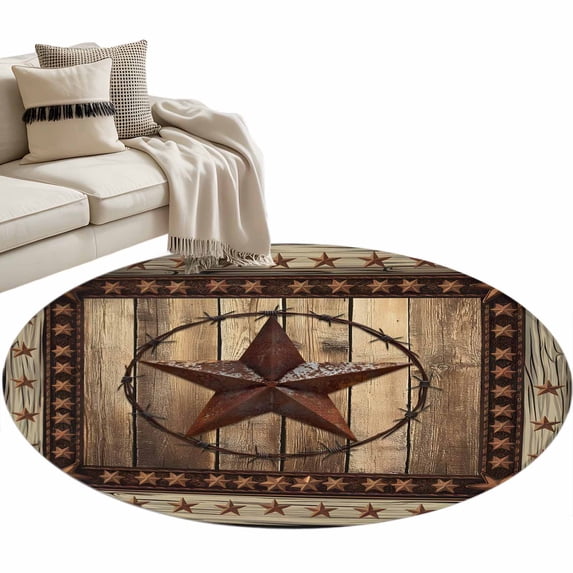 Western Farmhouse Large Area Rugs for Bedroom Living Room, Soft Non Slip Carpet Bedside Rug, Primitive Rustic Country Retro Texas Star Round Floor Cover Kitchen Accent Rug 4' for Dining Room/Office