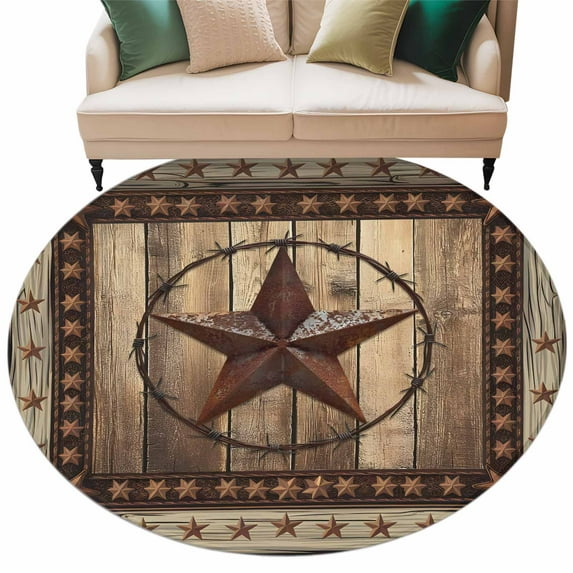 Western Farmhouse Large Area Rugs for Bedroom Living Room, Soft Non Slip Carpet Bedside Rug, Primitive Rustic Country Retro Texas Star Round Floor Cover Kitchen Accent Rug 7' for Dining Room/Office