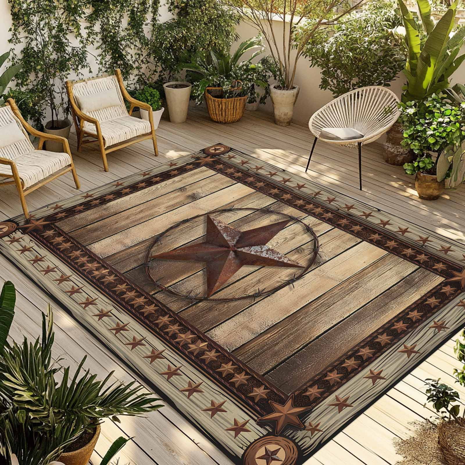 Western Farmhouse Outdoor Rug 6x9 Ft - Reversible Patio Rug Outdoor Camping Rugs, Primitive Rustic Country Retro Texas Star Indoor Outdoor Area Rugs, Non-Slip Outdoor Carpet Runner for Deck/Porch