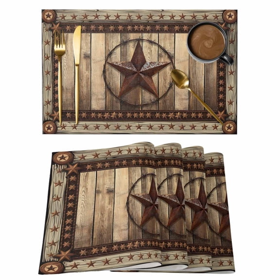 Western Farmhouse Placemats Set of 2,Cotton Linen Fabric Place Mats,Primitive Rustic Country Retro Texas Star Decorative Table Mats Protector for Home Kitchen Dining Wedding Party Coffee Tables