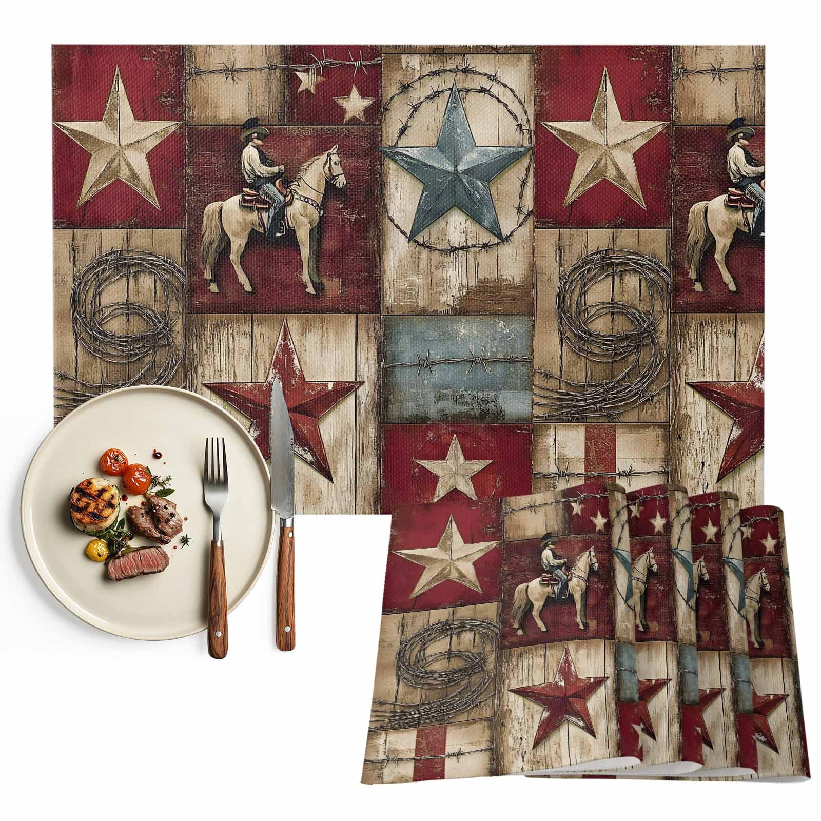 Western Farmhouse Placemats Set of 4, Vintage Wood Texture Barn Star ...