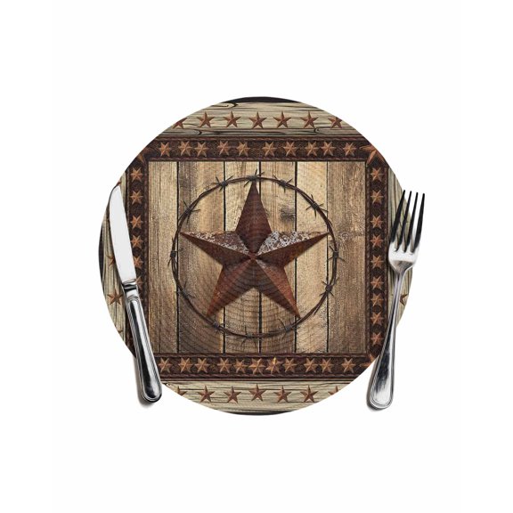 Western Farmhouse Round Placemats for Dinning Tables,Heat-proof Braided Table Mats 13 Inch,Primitive Rustic Country Retro Texas Star Washable Place Mat for Kitchen Restaurant Party Table Decor