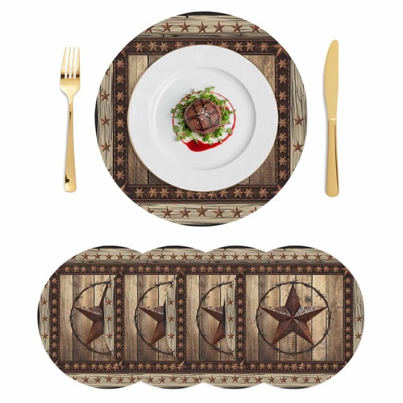 Western Farmhouse Round Placemats Set of 4,Braided Polypropylene Place Mats,Primitive Rustic Country Retro Texas Star Table Mats for Kitchen Dinner Holiday Wedding Party Coffee Table Decor 15"